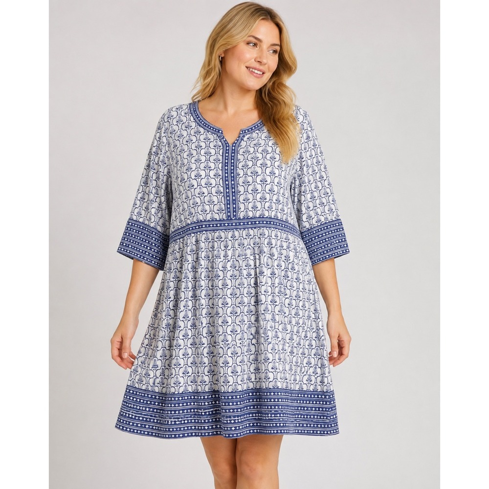Ellos Babydoll Dress Womens 3X Blue Floral Damask Split Neck Cotton Stretch
